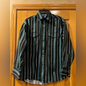 Wrangler green & black vertical stripe pearl snap button down western shirt